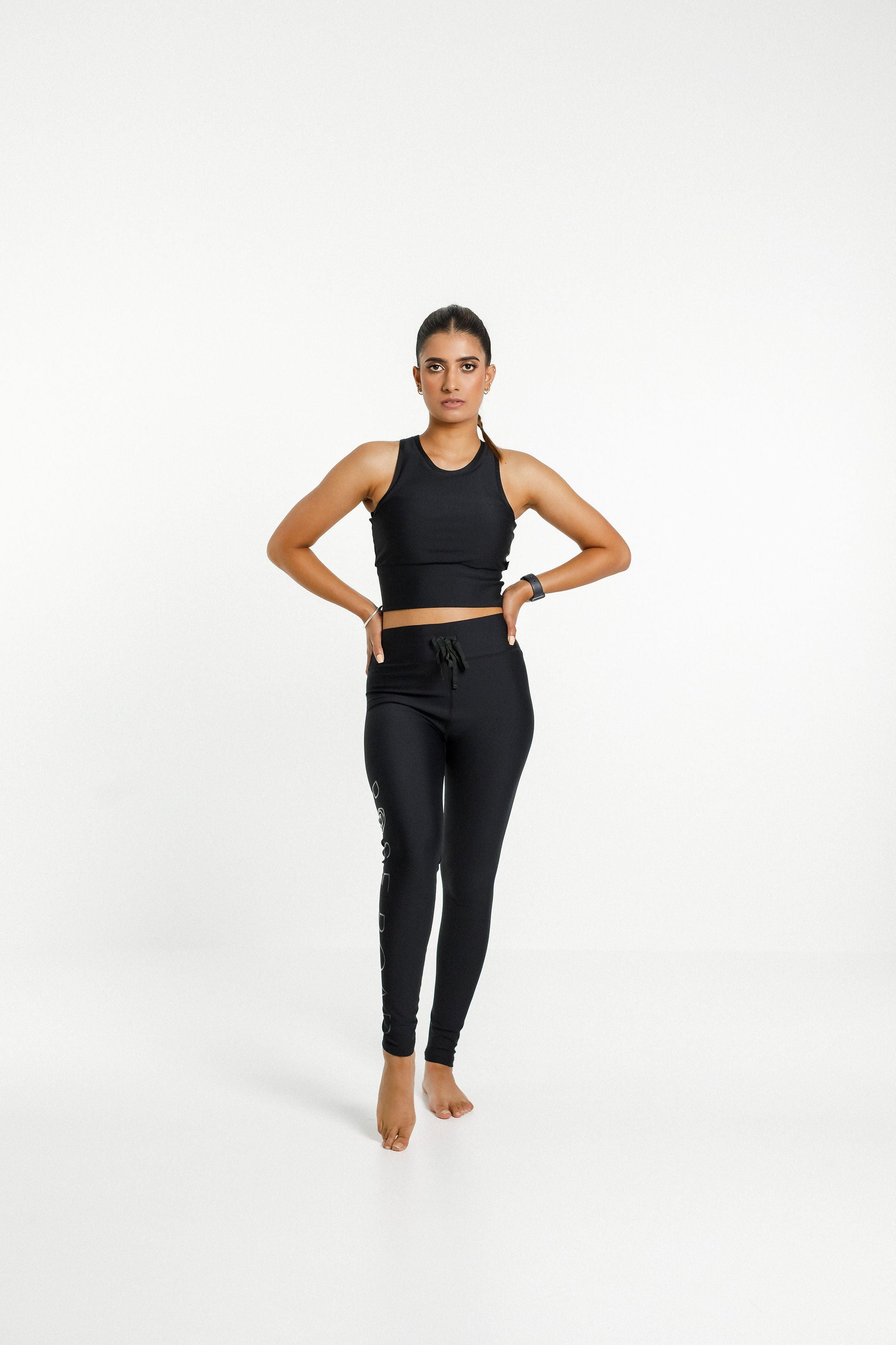 Drawstring Leggings | Black with White Logo