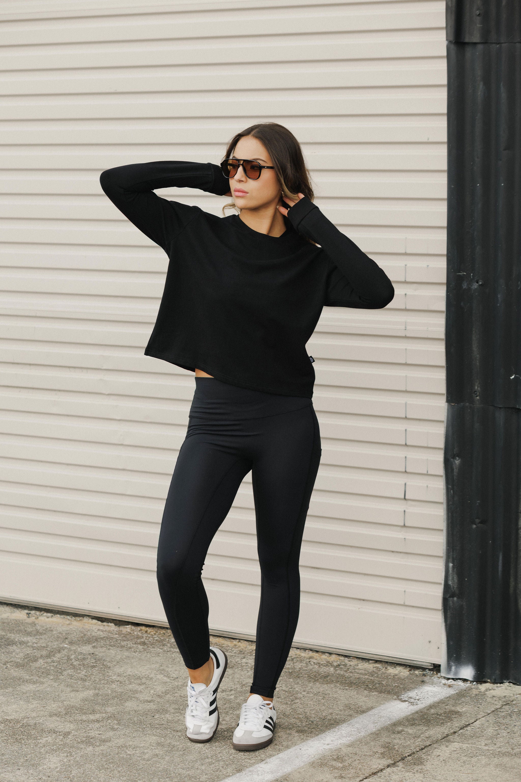 Long Sleeve Cropped Tee | Black with Rose Road NZ Print