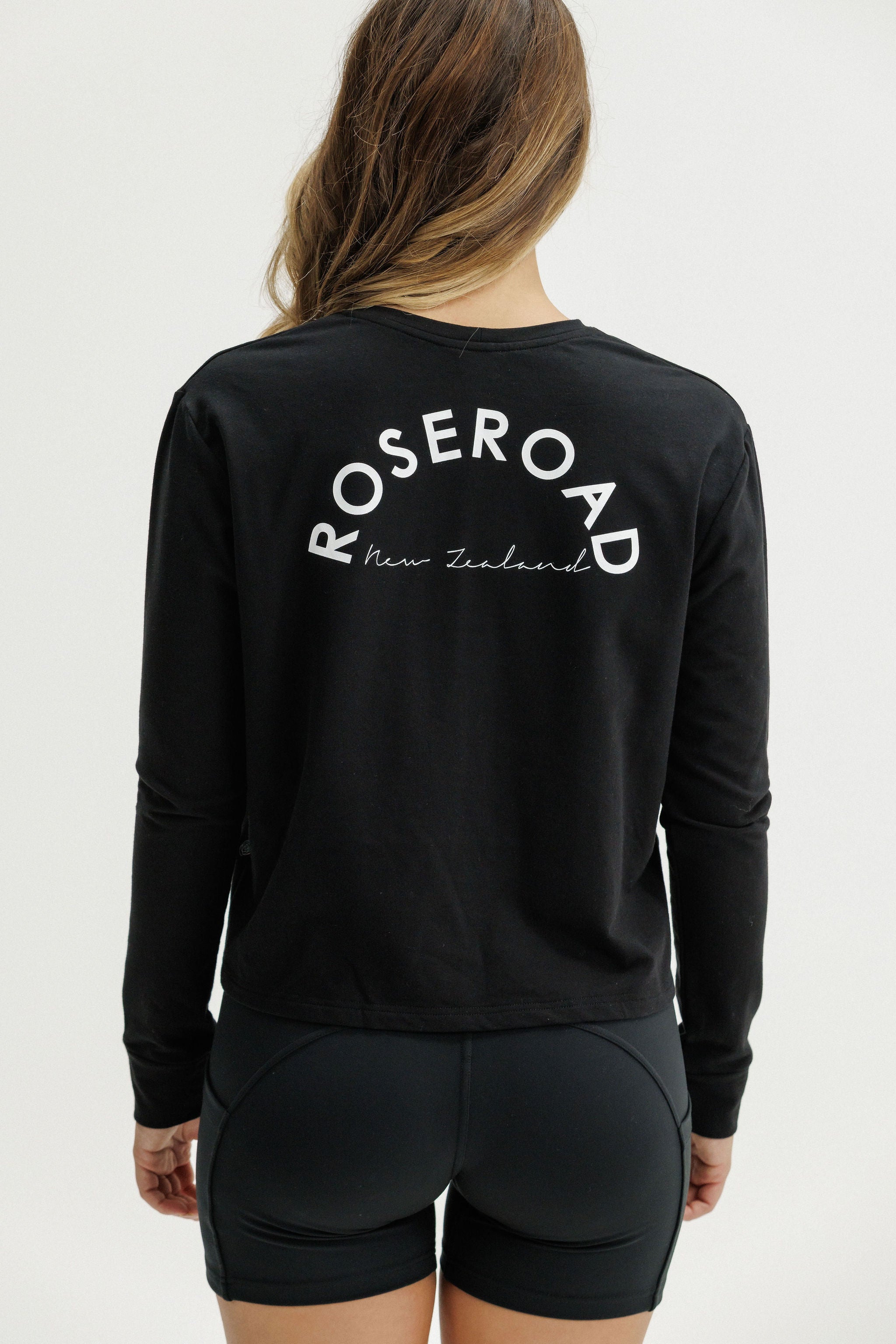 Long Sleeve Cropped Tee | Black with Rose Road NZ Print