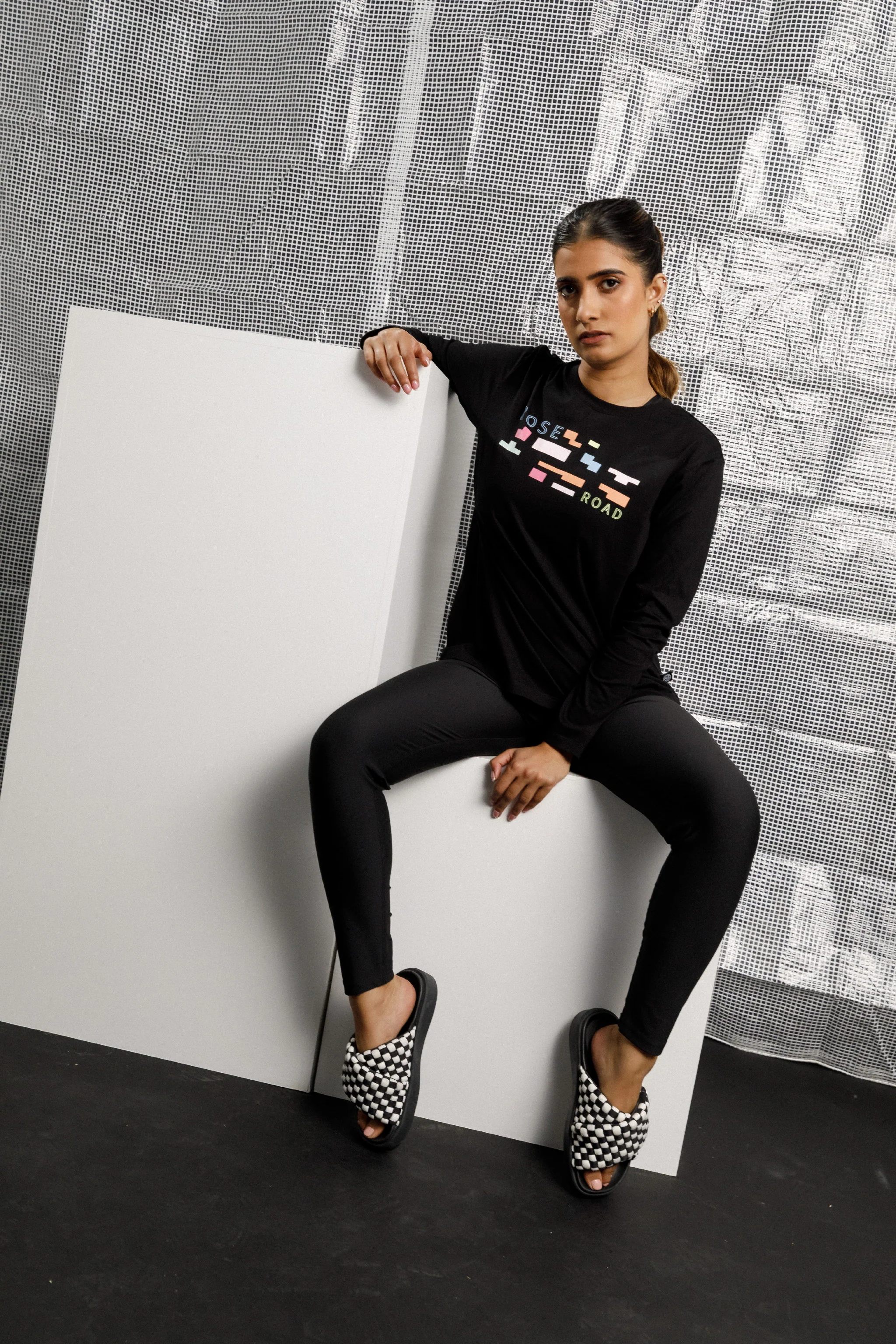 Long Sleeve Topher Tee | Black with Meta Block Chaos Print