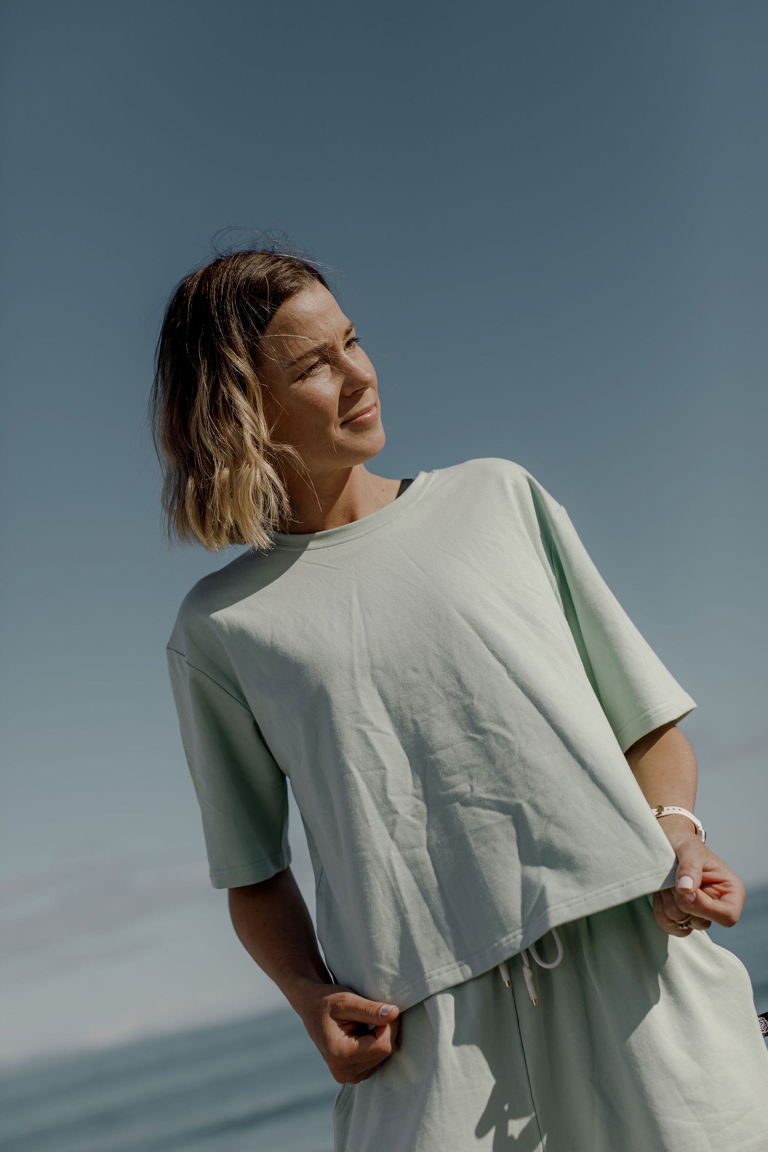 Cropped Tee | Seafoam with Mirror Print on Sleeve