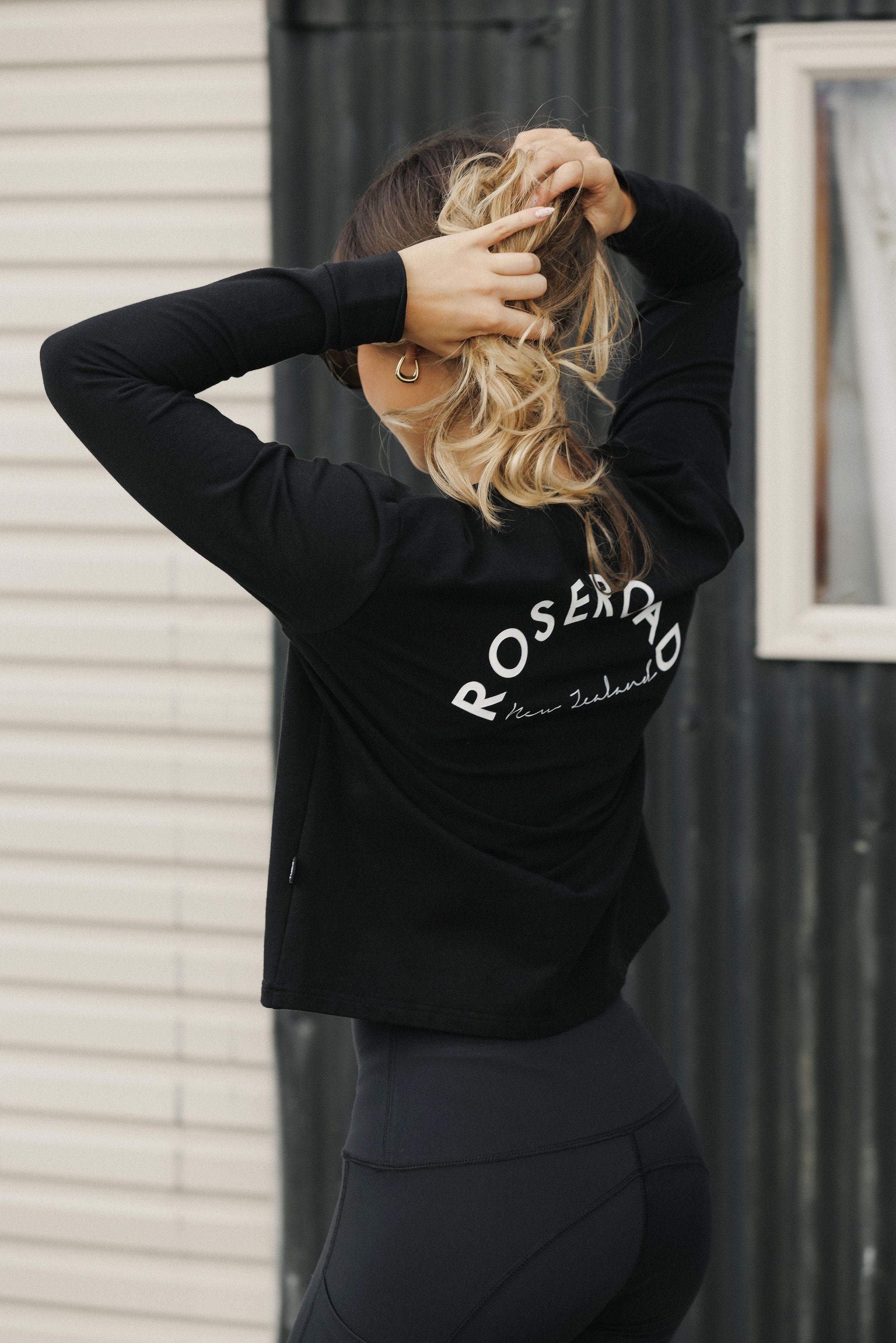 Long Sleeve Cropped Tee | Black with Rose Road NZ Print