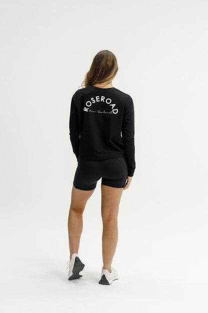 Long Sleeve Cropped Tee | Black with Rose Road NZ Print