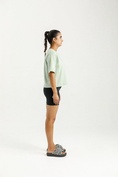 Cropped Tee | Seafoam with Mirror Print on Sleeve