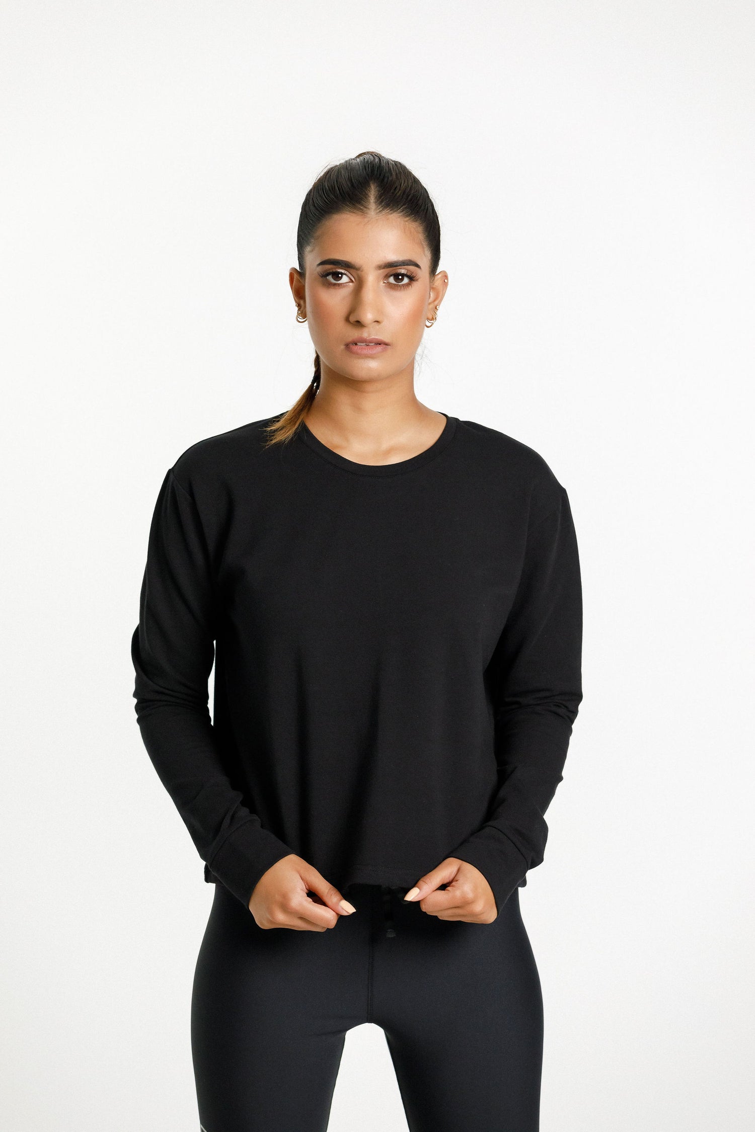 Long Sleeve Cropped Tee | Black with Rose Road NZ Print