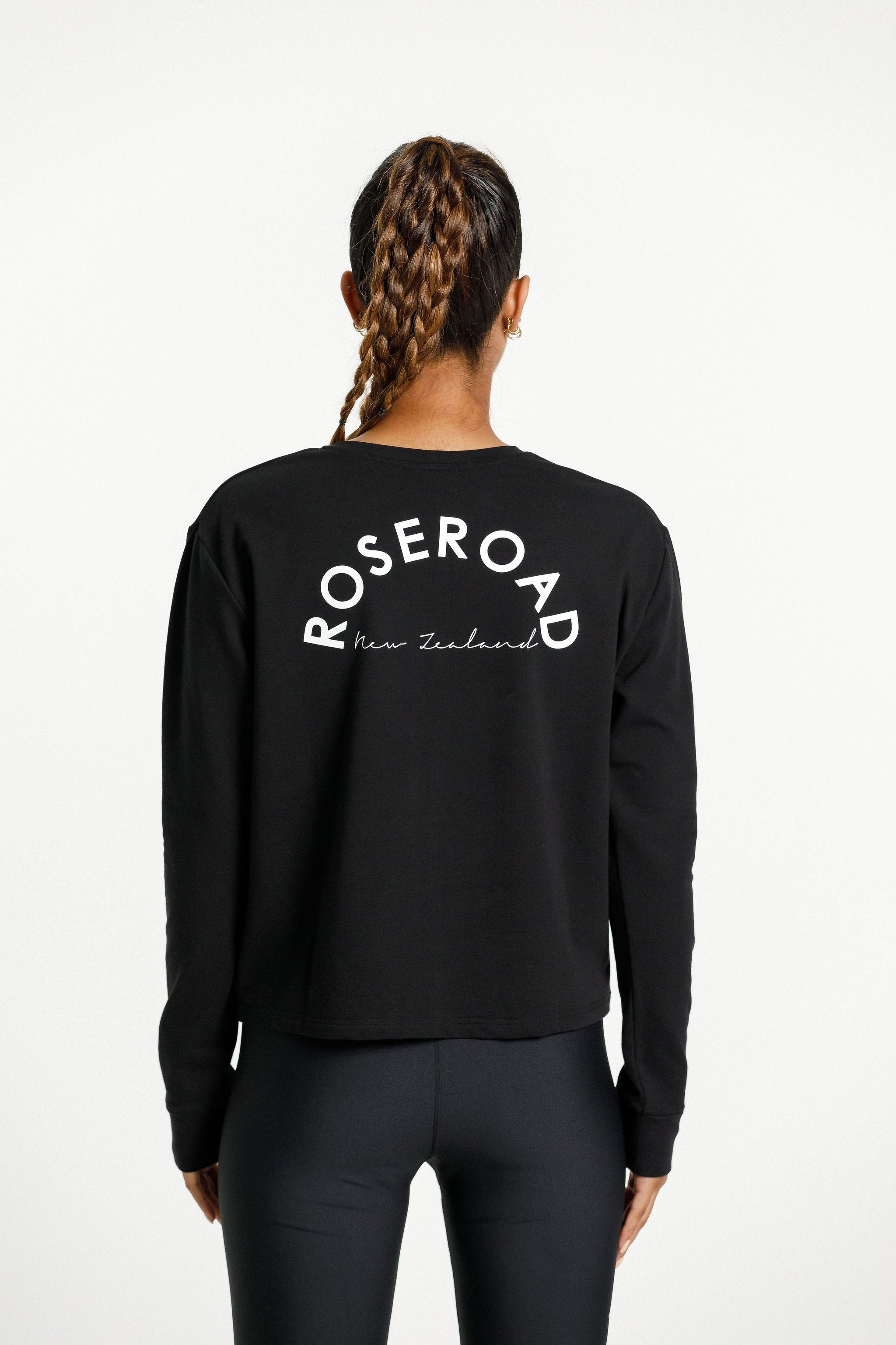 Long Sleeve Cropped Tee | Black with Rose Road NZ Print