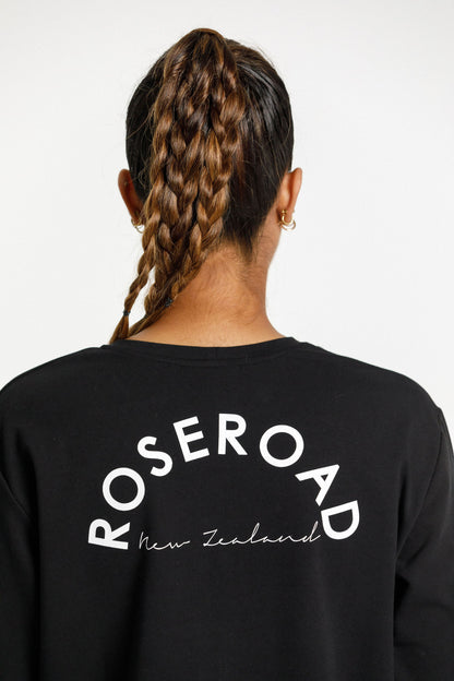 Long Sleeve Cropped Tee | Black with Rose Road NZ Print